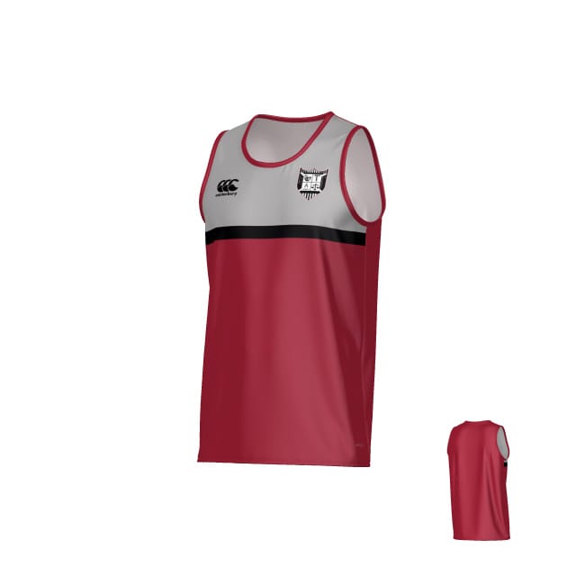 Troy University Canterbury Legacy Performance Singlet by Teamatical features a sleeveless red design with a gray upper section, black stripe, and team logo on the chest; front and back views displayed.