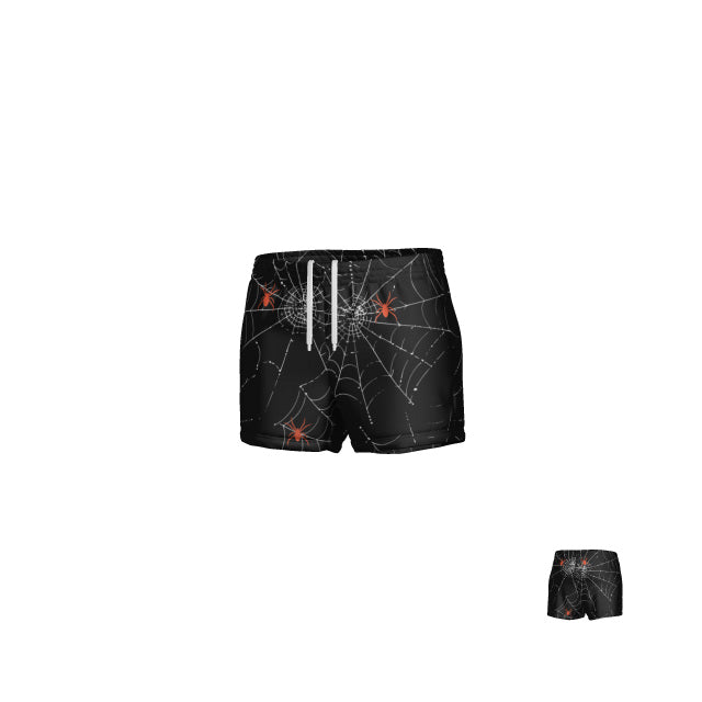 The Teamatical WRS WOMENS PRO SHORT - SPIDERWEBS features a bold black design with spider web patterns and small red spiders, showcased in two different sizes on a white background. Built for durability and style, these rugby shorts combine functional performance with standout looks, specifically tailored for women’s rugby apparel.