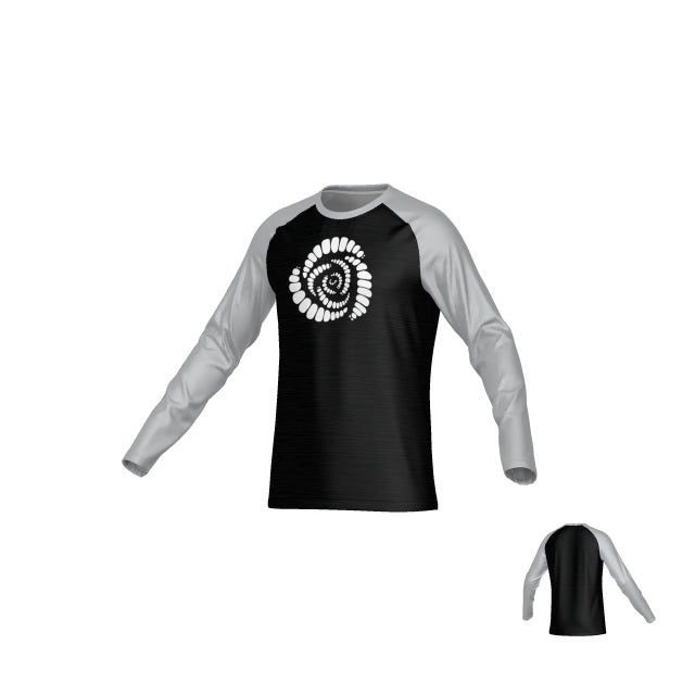 The Missoula All-Maggots Sydney LS Performance Tee by Teamatical features long gray sleeves and a black torso, with a white spiral shell design on the front. The back is plain black.