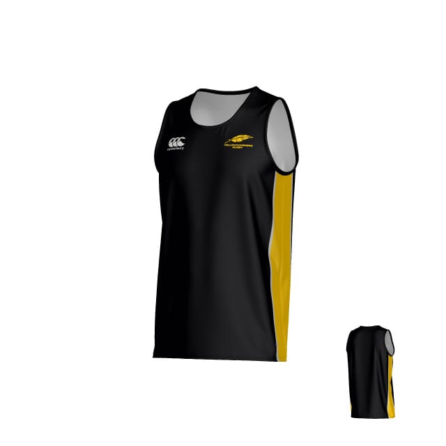 The Montgomery Yellowhammers Canterbury Kirra Performance Singlet by Teamatical features a black and yellow sleeveless design with a team logo on the left chest, a white Teamatical brand logo on the right chest, and yellow side panels; images display both front and back views.