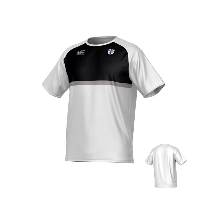 The Teamatical St. Augustine High School CANTERBURY ECO SUBLIMATE SS RAGLAN TEE - MENS features white short sleeves, a black chest panel, shield crest on the left chest, logo on the right chest, and a back view in the corner.