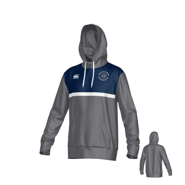 The Teamatical Georgetown University RFC Canterbury Legacy Performance Hoodie features a gray and navy design with white drawstrings, front pocket, chest stripe, and logos on the front and shoulder. Back view shown in smaller image.