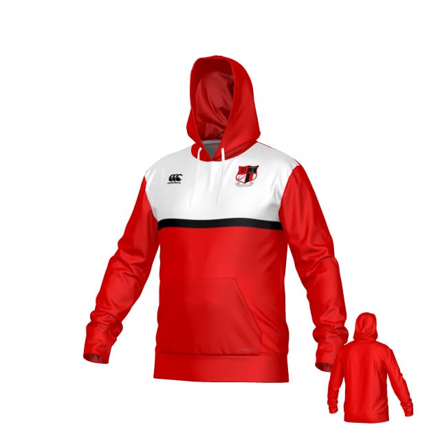 The Amoskeag Rugby Club Canterbury Legacy Performance Hoodie by Teamatical features red and white colors, a black horizontal stripe, front pouch pocket, crest logo on the left chest, and includes a back view.