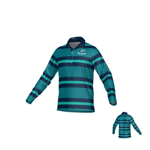 The Teamatical NC Megalodons DNA LS Pique Polo Shirt features teal and navy stripes, a collared neckline with buttons, and a white "NC Megalodons" logo on the left chest. Back view included in the corner.