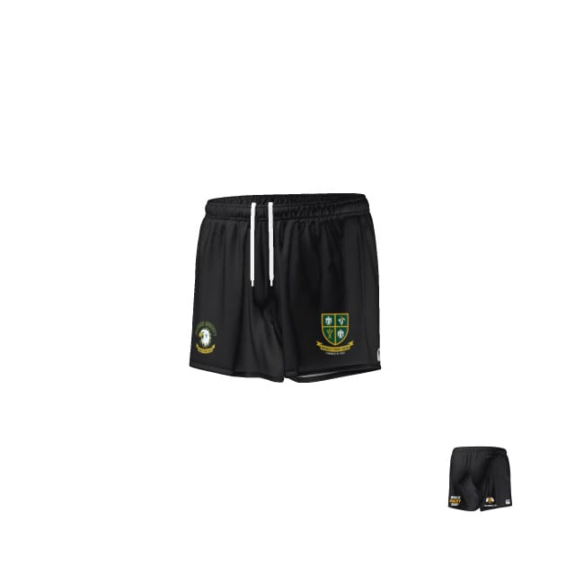 Teamatical Midwest referees Canterbury Zipper Pocket Shorts are black athletic shorts with white drawstrings and two green and yellow embroidered crests on the front.