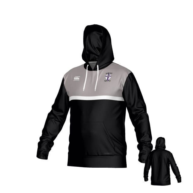 The Teamatical St. Augustine High School CANTERBURY ECO-SUBLIMATE HOODIE for men features black and gray colors, a hood, front pocket, white chest stripe, small embroidered logo on the left chest, and a visible back view.