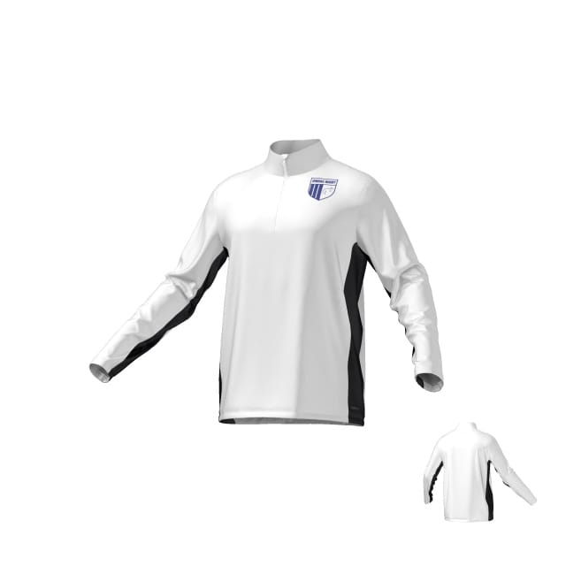The Teamatical OMBAC Youth Rugby Canterbury Midlayer 1/4 Zip is a long-sleeve white pullover with black side panels, a quarter-zip collar, and a blue and white crest on the left chest.
