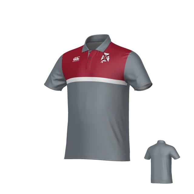 The Teamatical University of Alabama Rugby Canterbury Legacy Performance Polo features short sleeves, a gray body, maroon upper chest and shoulders, a white horizontal stripe, and a small left chest logo. Inset shows the back view.