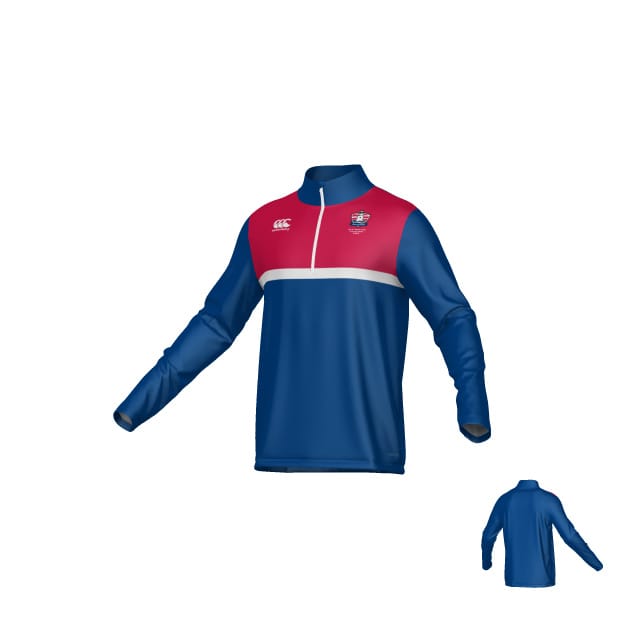The Teamatical Portland RFC Canterbury Midlayer 1/4 Zip features a blue body, red chest panel, and white zipper, displayed from front and back on a plain white background.