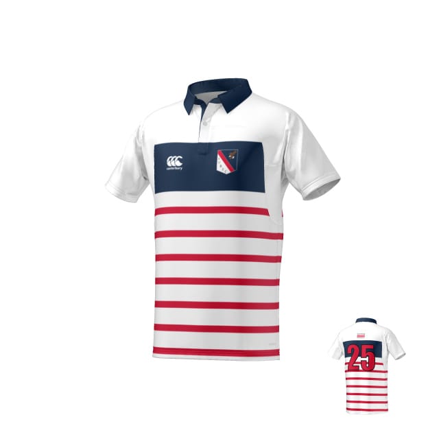The Teamatical American University Canterbury Raglan Kaha Regular Jersey for men features a white base, red horizontal stripes, navy collar and shoulders, team crest on the left chest, and red number 25 on the back.