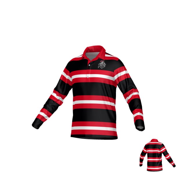 The Teamatical Birmingham Iron Women's Football DNA LS Pique Polo Shirt features horizontal black, red, and white stripes, a small crest on the left chest, and is shown in both front and back views.