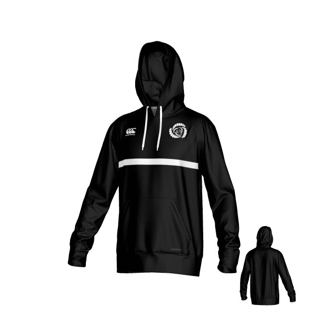 The Missoula All-Maggots Canterbury Legacy Performance Hoody by Teamatical, featuring a black design with a white horizontal stripe, white drawstrings, and chest logos, is shown from front and back angles on a white background.