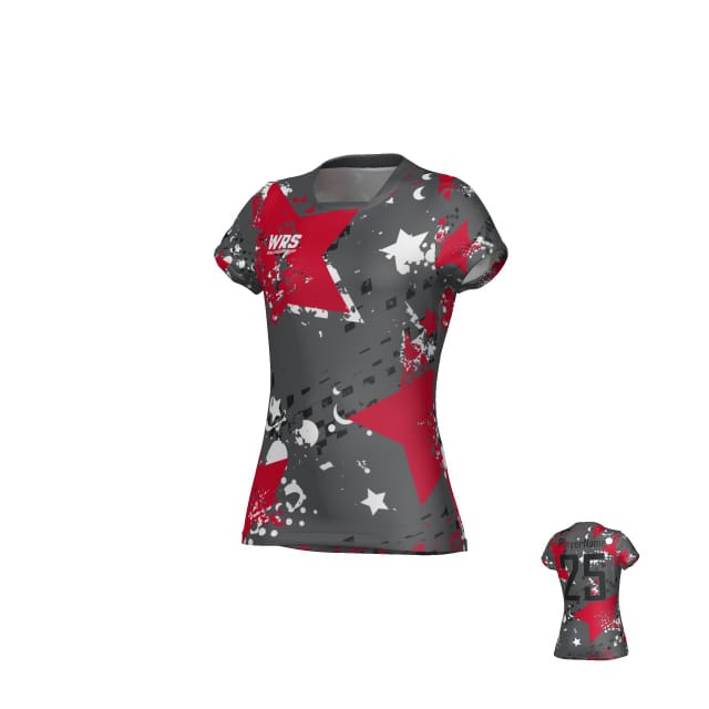 The Teamatical WRS WOMENS PRO JERSEY - PUNK STAR is a women's short-sleeve athletic shirt with a red, gray, and white abstract star design and "WRS" text on the upper left chest. Front and back views are shown.