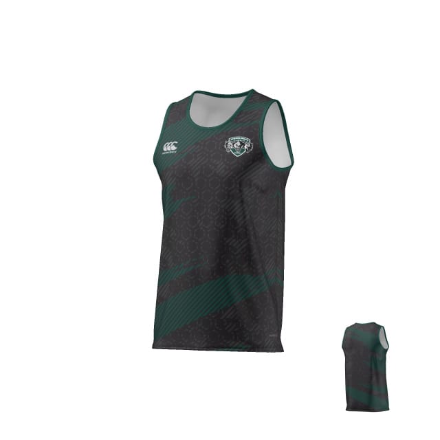 The Woodlands Youth Rugby Canterbury Eco-Sublimate Singlet by Teamatical is a black and green sleeveless athletic jersey featuring a left chest logo, a small white Teamatical logo on the right, and a rear view shown in an inset image.