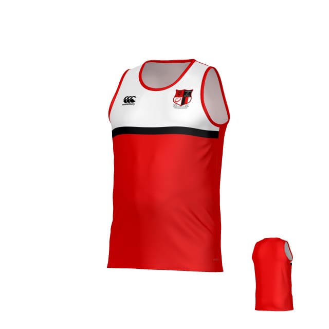 The Teamatical Amoskeag Rugby Club Canterbury Legacy Performance Singlet is sleeveless, red and white with a black horizontal stripe, featuring a crest on the left chest and a logo on the right. Only front and back views are shown.
