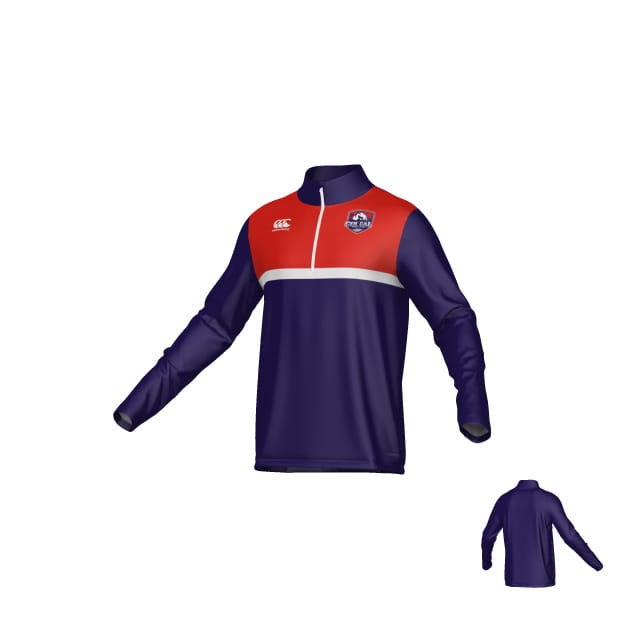 The Teamatical CenCal Rugby Canterbury Legacy Midlayer 1/4 Zip features a red chest panel, navy blue body and sleeves, white zipper, and a small left chest logo.