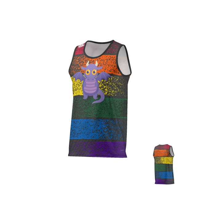 The Teamatical Baby Dragons 2025 Canterbury Singlet features textured rainbow stripes and a cartoon purple dragon on the front; back view shown in a smaller inset.