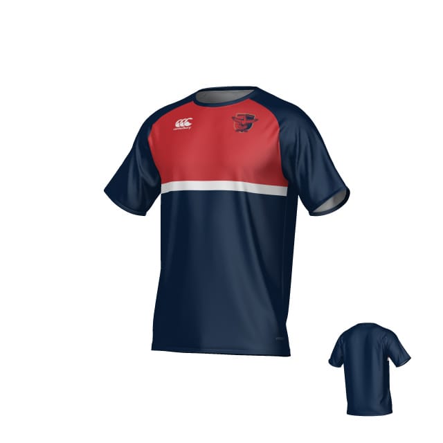 The Teamatical Charlotte Cardinals Canterbury Legacy Performance Tee features short sleeves, navy blue and red color blocks, a white horizontal stripe, and a small crest on the chest; back view shown in the lower corner.
