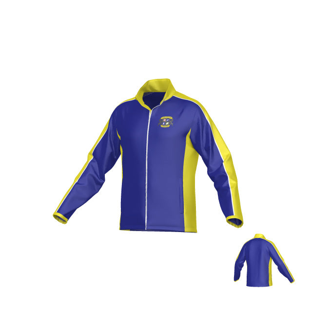 Teamatical's Winchester Cannons Denver Woven Jacket features a blue and yellow zip-up design with long sleeves, a small embroidered emblem on the chest, and yellow side panels. The back is primarily blue with yellow accents along the sides and sleeves.