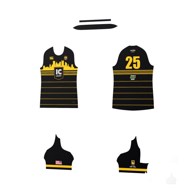 The Teamatical WOMENS MAKA JERSEY REGULAR features black and yellow horizontal stripes, a city skyline design, number 25 on the back, and branded logos on both front and back.