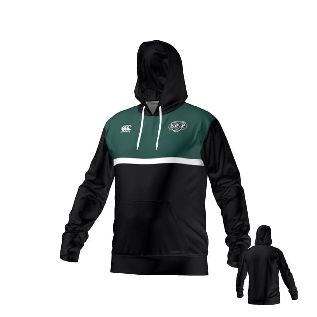 The Teamatical Woodlands Rugby Canterbury Performance Hoody features black and dark green colors with white accents, a front logo, hood, and kangaroo pocket, displayed from both front and back views.