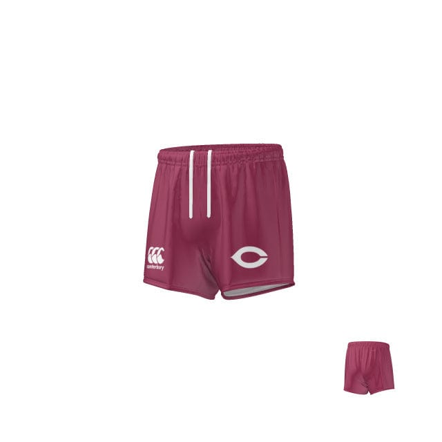 The Teamatical University of Chicago Rugby Yokohama Match Shorts, maroon with a white drawstring and two logos on the left thigh, are shown against a white background with a smaller version in the bottom right corner.