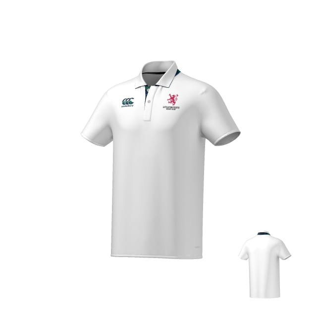 The Teamatical Littleton Scots ECO-SUBLIMATE SS POLO in white features a collar, two chest embroidered logos, a contrasting inner collar, and is shown from both front and back.