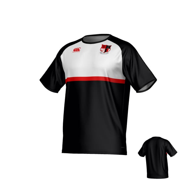 Teamatical Amoskeag Rugby Club Canterbury Legacy Performance Tee features black and white short sleeves, red stripe, club logo on chest, and brand logo on right shoulder; shown from front and back.
