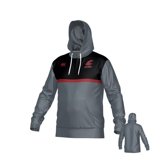 The Washington State Rugby Canterbury Legacy Performance Hoodie by Teamatical features gray fabric with black shoulders, a red chest stripe, front pocket, and rugby logos; shown in both front and back views.