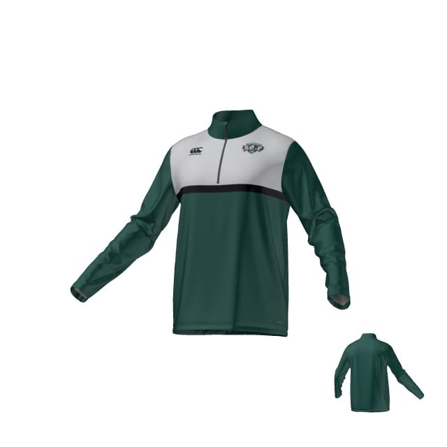 The Teamatical Woodlands Rugby Canterbury Midlayer 1/4 Zip is a green and white long-sleeve pullover with a black stripe, small left chest logo, and quarter zip; front and back views shown.