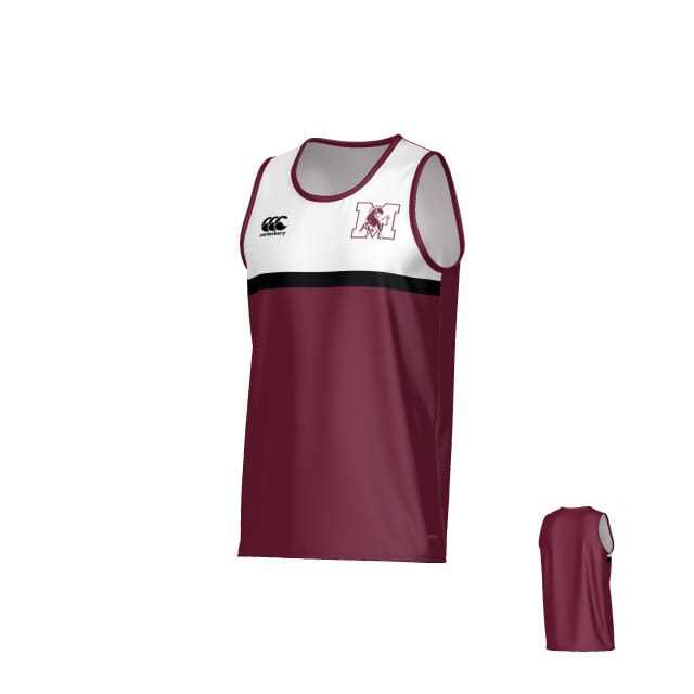 The Teamatical JS Morton High School Canterbury Legacy Performance Singlet is a sleeveless maroon and white athletic jersey with a black stripe, "M" logo on the chest, Canterbury logo, and a solid maroon back.