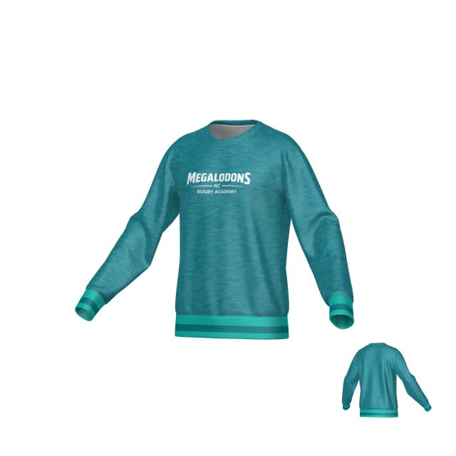 The NC Megalodons DNA Denver Crew by Teamatical is a teal long-sleeve polyester micro-pique fleece sweatshirt with "MEGALODONS RUGBY ACADEMY" in white on the chest, shown from both front and back views.