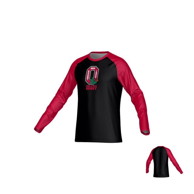 The Teamatical Ohio State University Alumni DNA Sydney LS Crew Tee is a long-sleeve rugby jersey in black and red with "OSU Rugby" on the chest, moisture-wicking fabric, and a plain black back.