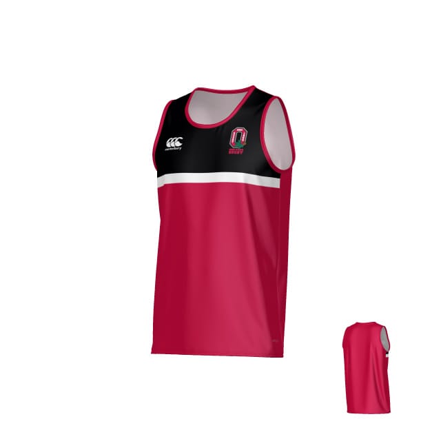 The Teamatical Ohio State University Alumni Canterbury Legacy Performance Singlet is a sleeveless athletic tank with black, white, and red panels and chest logos; back view shown in the bottom right corner.