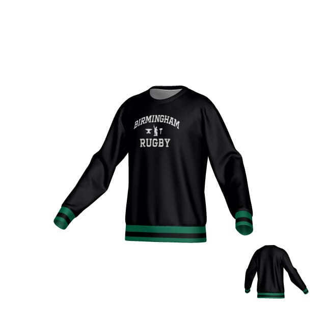 The Teamatical Birmingham Vulcans DNA Denver Crew Sweater is a black rugby-style sweatshirt with green-striped cuffs and hem, "Birmingham Rugby" in white on the front, made from cozy DNA-WARM fleece; the back is plain.