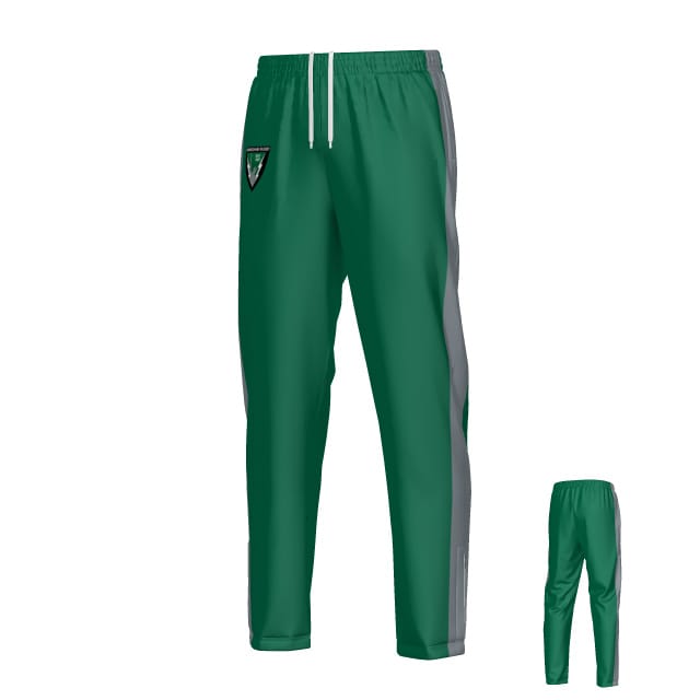 The image features the Teamatical Birmingham Vulcans DNA Denver Woven Pants: green athletic pants with a white drawstring, gray side stripes, and a small shield logo on the upper left leg, shown from both front and back views.