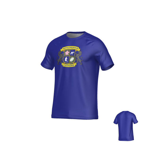 The Teamatical Winchester Cannons Sydney Performance Tee is a blue shirt with a "Winchester Cannons" crest, including icons and a banner on the chest, while the back remains plain.