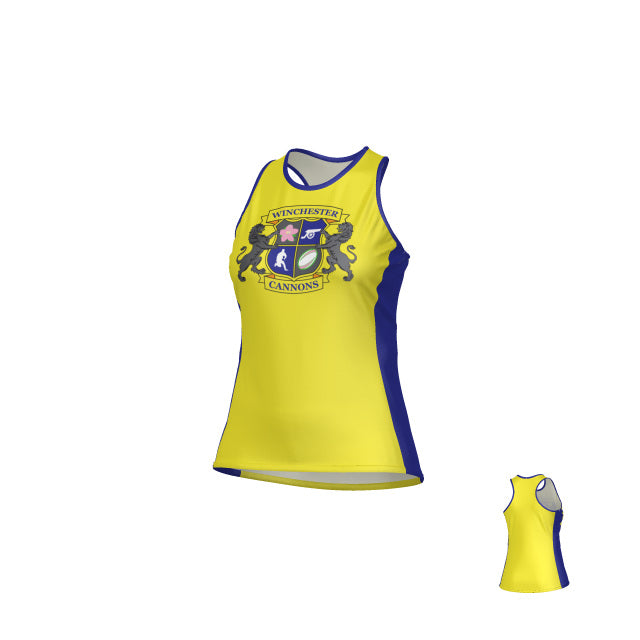 Teamatical Winchester Cannons Denver Tank for women in yellow and blue, featuring the team's crest on the front; displayed from an angled front view with a small inset showing the back.