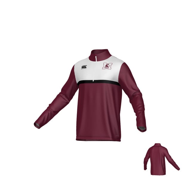 Teamatical JS Morton High School Canterbury Legacy Midlayer 1/4 Zip: Maroon and white long-sleeve pullover with black stripe, "M" logo on chest, and quarter-zip. Back view shown in the corner.