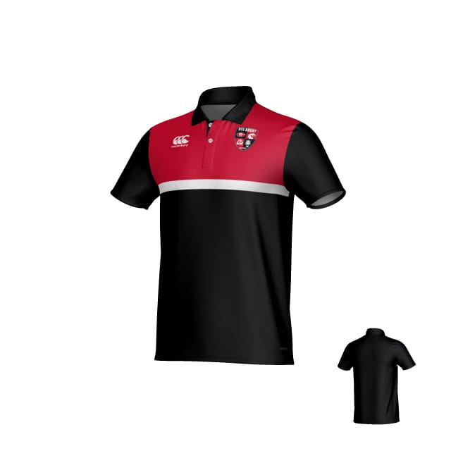 The Rye High School Canterbury Legacy Performance Polo by Teamatical features black and red short sleeves, a white chest stripe, an embroidered crest on the left chest, and the Teamatical logo on the right; back view shown.