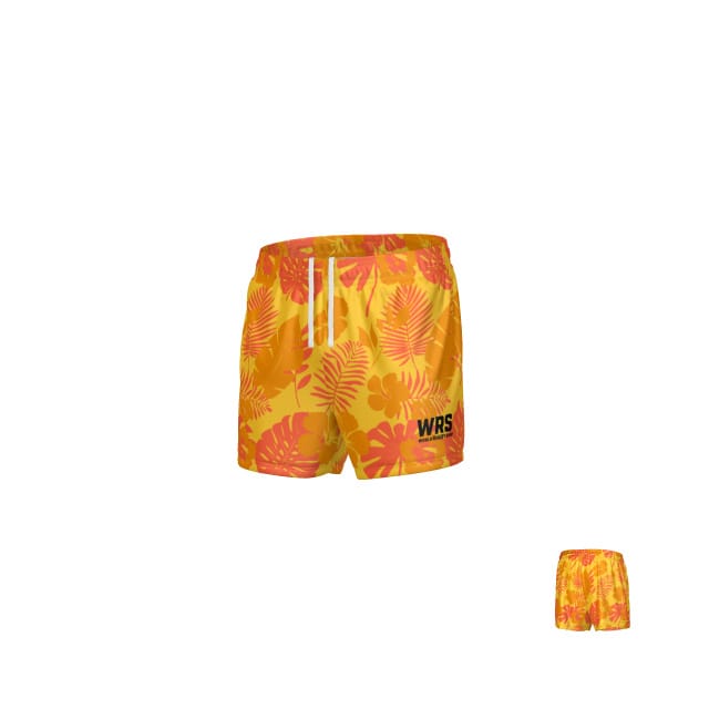 Teamatical WRS MENS PRO SHORT - HAWAIIAN features yellow and orange floral patterns, a white drawstring, and "WRS" text on the left leg; displayed in both large and small sizes on a white background.