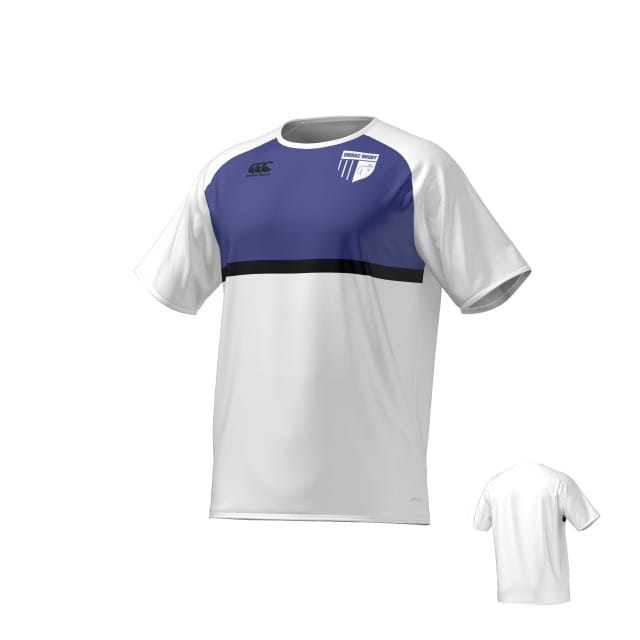 The Teamatical OMBAC Youth Rugby Canterbury Performance Tee features white short sleeves, a blue chest panel with a black stripe, club crest on the left chest, and a small manufacturer’s logo on the right. The back is plain white.