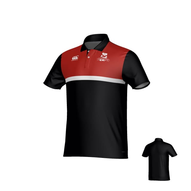 The Alabama Rugby Alliance Canterbury Legacy Performance Polo by Teamatical features short sleeves, a black body with a red upper section, white stripe, black collar, and team logos on the chest; shown front and back.