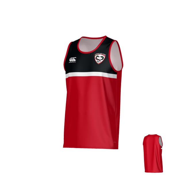 The Teamatical Loudon Rugby Canterbury Legacy Performance Singlet is a sleeveless red sports jersey featuring a black upper section, white horizontal stripe, left chest logo, small right chest brand logo, and a plain red back.