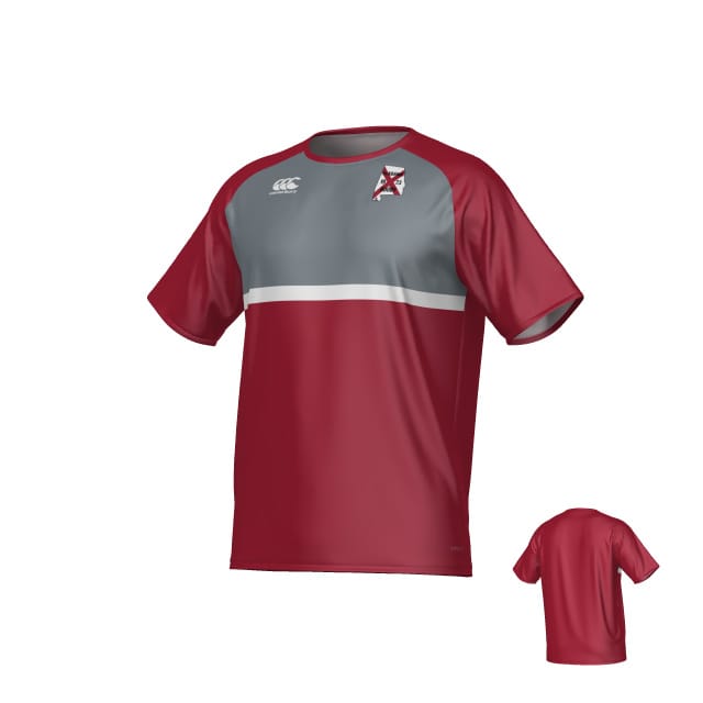 The Teamatical University of Alabama Rugby Canterbury Legacy Performance Tee features maroon and gray color blocks, a white horizontal stripe, a left chest logo, and a small white brand logo on the right chest.