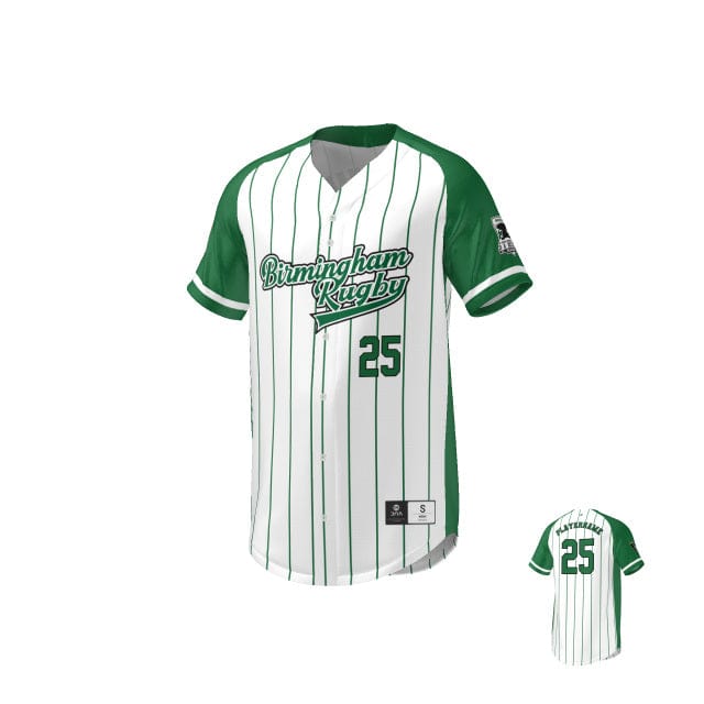 Striped baseball jersey with the text "Birmingham Rugby" and the number 25.
would become:
Birmingham Rugby Baseball Jersey - White/Green by Teamatical