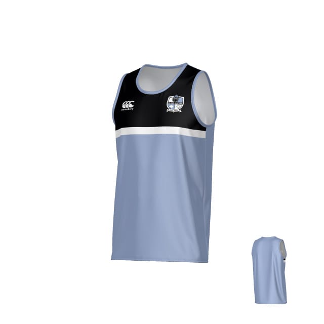 The Austin Huns Canterbury Legacy Performance Singlet by Teamatical features a sleeveless design with a light blue body, black upper chest panel, white horizontal stripe, and a chest badge; back view included.
