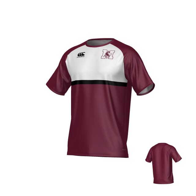JS Morton High School Canterbury Legacy Performance Tee by Teamatical: maroon and white short-sleeve shirt with black horizontal stripe and "M" logo on left chest; back view shown inset.