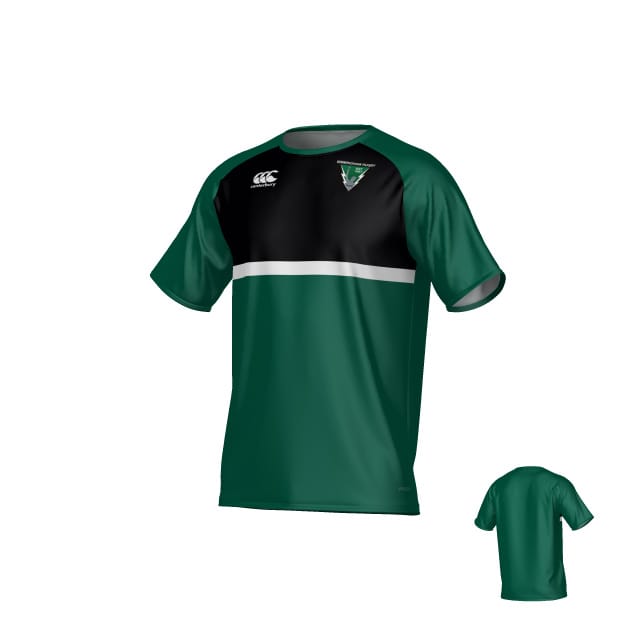The Birmingham Vulcans Canterbury Legacy Performance Tee by Teamatical is a green and black short-sleeved sports jersey featuring a white horizontal stripe, chest logo, and a plain green back.
