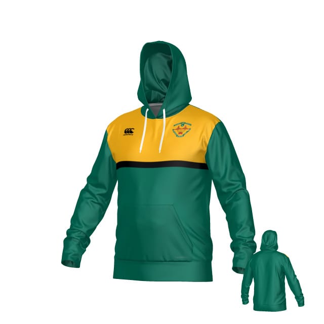 The Teamatical San Francisco Golden Gate Canterbury Legacy Performance Hoodie features green and yellow colors, a black stripe, front pocket, white drawstrings, and an embroidered left-chest crest. Rear view is shown on the right.